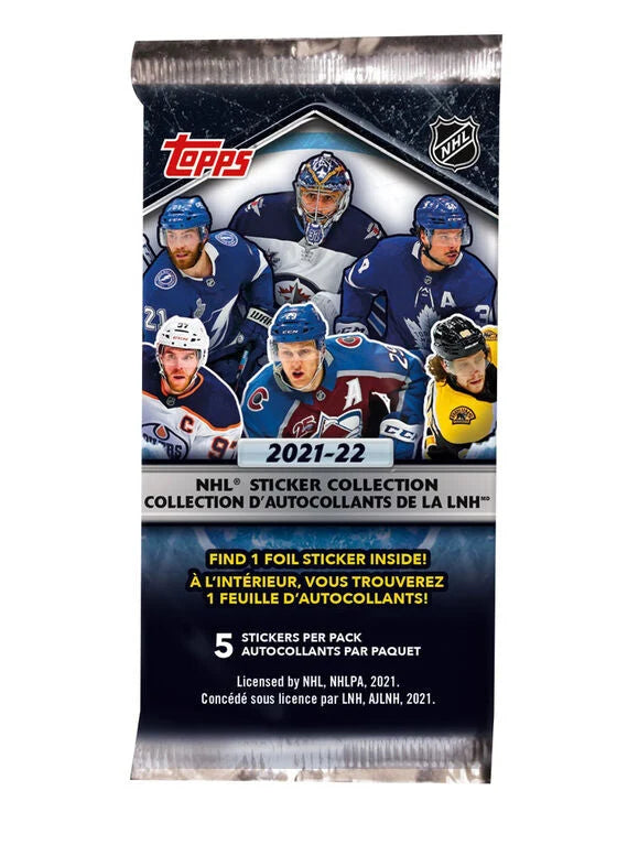 Official 2021-22 Topps NHL Hockey Sticker Pack showing 5 stickers per pack with guaranteed foil sticker, available at FineToys.ca