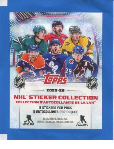 Official 2026 Topps NHL Sticker Pack showing factory-sealed front packaging with player stickers, available at FineToys.ca