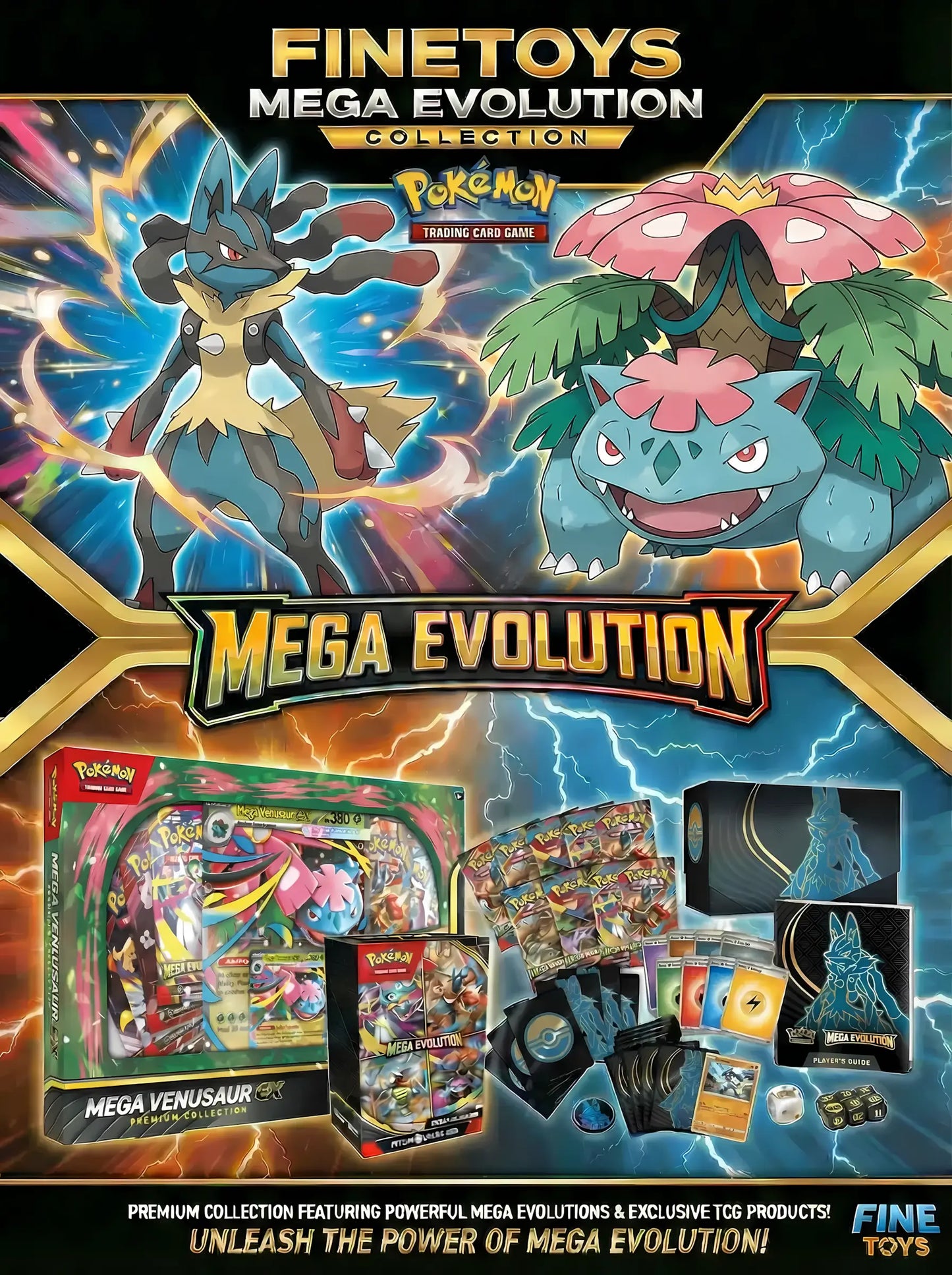 Premium Pokémon TCG bundle featuring Mega Lucario Elite Trainer Box, Mega Evolution Booster Bundle, and Mega Venusaur ex Premium Collection.