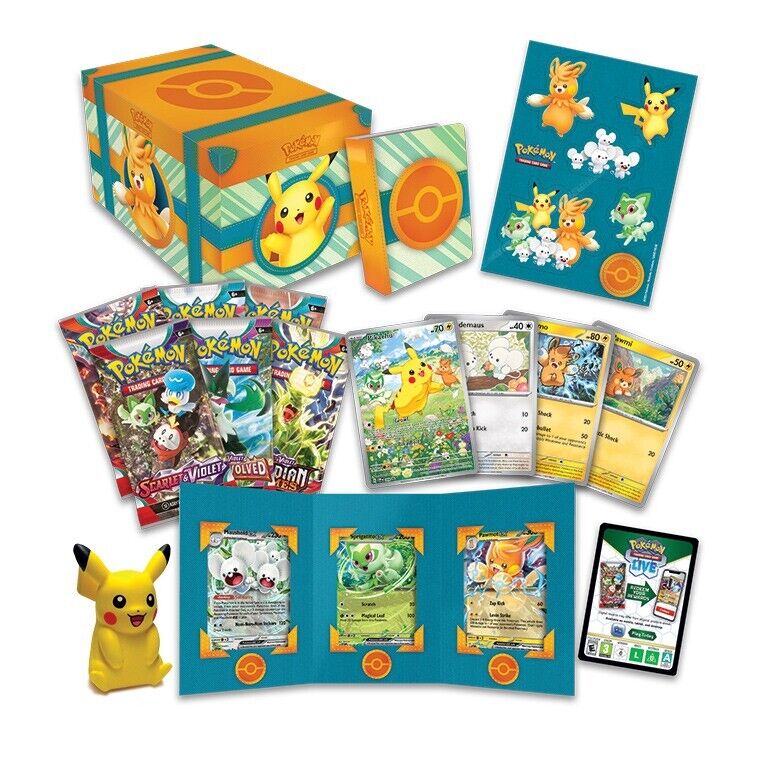 Sealed Paldea Adventure Chest featuring Sprigatito, Fuecoco, and Quaxly artwork, showcasing the Pikachu squishy toy and various foil promo cards.