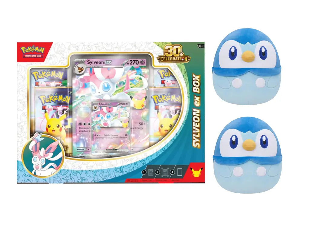 Premium Pokémon 30th Anniversary Bundle featuring Sylveon ex TCG box, 10-inch Piplup Squishmallows plushes.