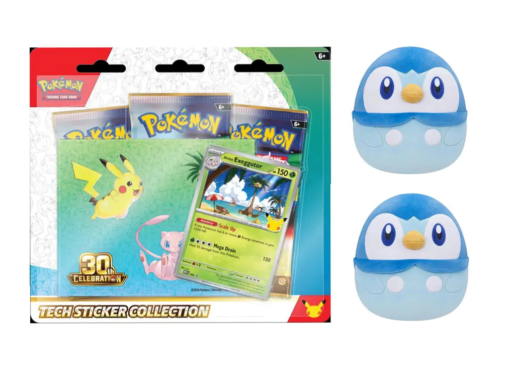 Pokémon 30th Anniversary Fan Bundle Alolan Exeggutor Edition featuring Tech Sticker Collection, 10-inch Piplup Squishmallows plushes — available at FineToys.ca.