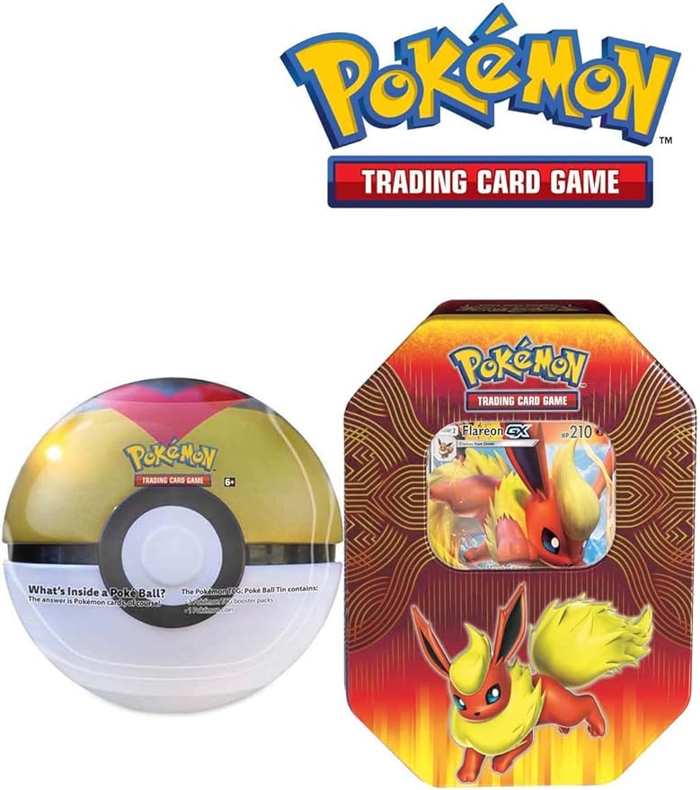 Pokemon TCG - Elemental Power Flareon GX Tin and Pokeball - 2 Pack Pokémon TCG Tin Combo Set - Pokeball Art Style May Vary