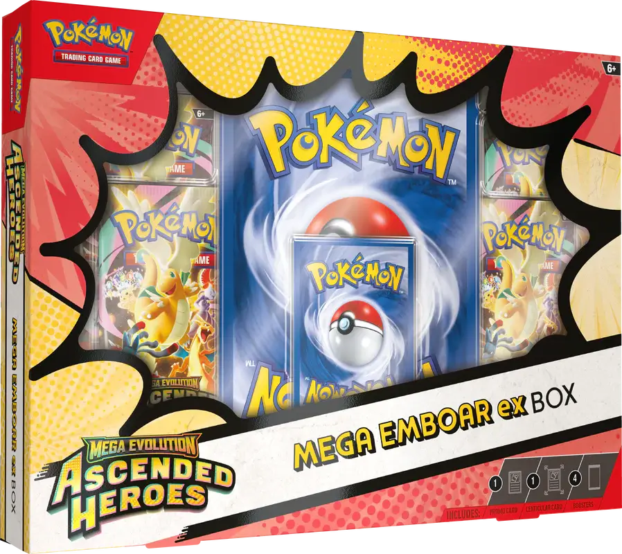 Sealed Mega Emboar ex Box from the Ascended Heroes expansion, showcasing the exclusive foil promo card, the oversize display card, and 4 booster packs with fiery orange artwork.