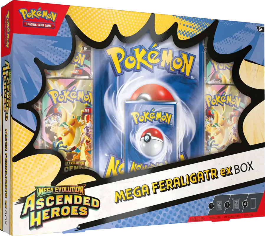 Sealed Mega Feraligatr ex Box from the Ascended Heroes expansion, featuring the exclusive foil promo card, an oversize display card, and 4 booster packs.