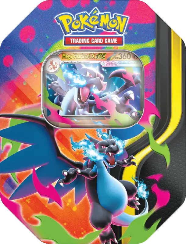 Sealed product image of the Pokémon TCG: Mega Charizard X ex Tin featuring black and blue Mega Evolution artwork, a window showing the foil promo card, and 4 booster packs.