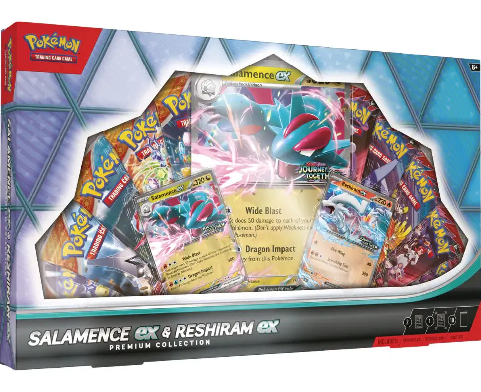 Sealed box image of the Pokémon TCG: Salamence ex & Reshiram ex Premium Collection featuring Salamence ex and Reshiram ex promo cards and 10 booster packs.