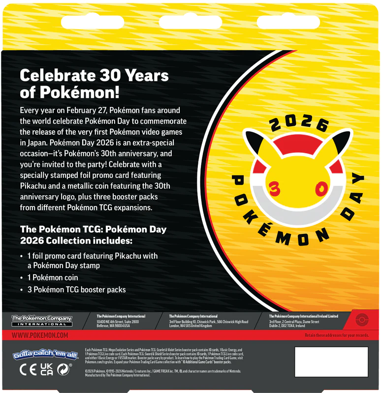 Sealed box image of the Pokémon Day 2026 Collection featuring the starter Pokémon mascot (e.g., first generation or Mega Evolution art), the collector's pin, and the exclusive promo card