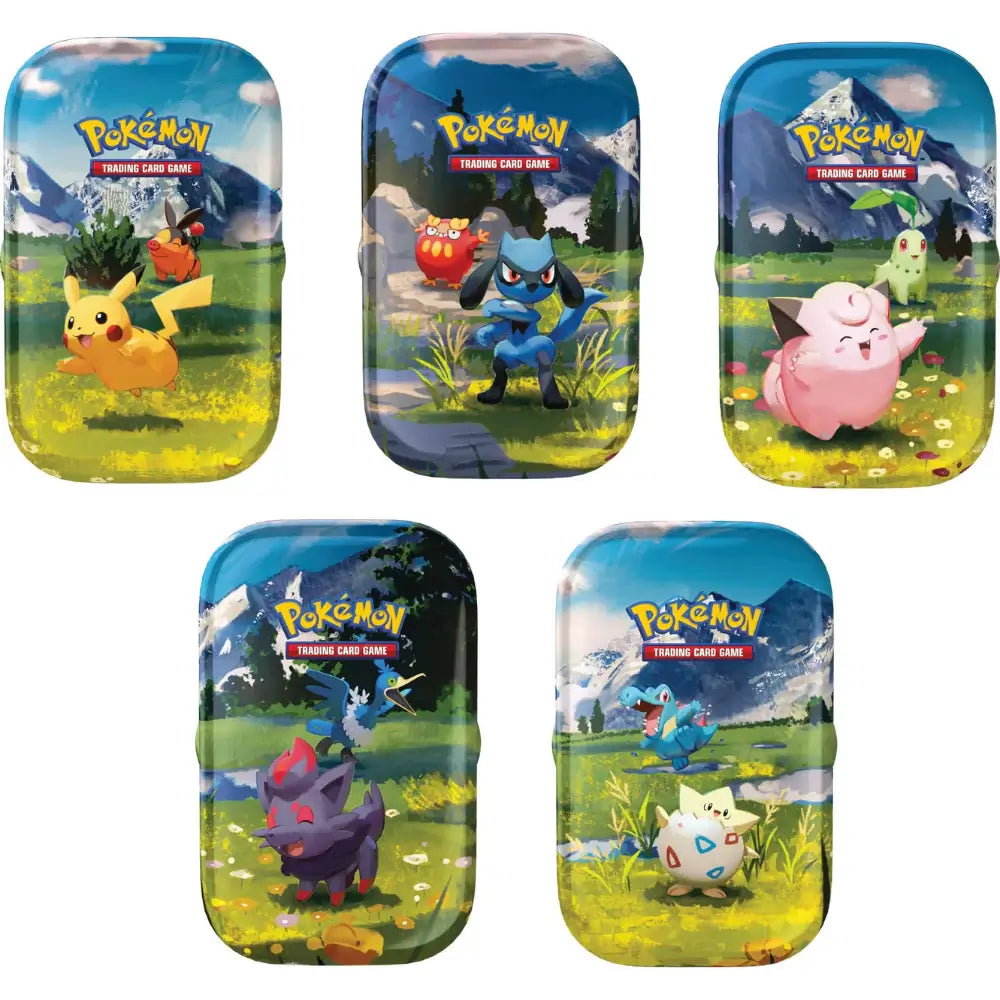 Sealed case image of the Pokémon TCG: Ascended Heroes Mini Tin , showing the small tins with combinable artwork featuring Pikachu, Togepi, and Clefairy, and the set's Mega Evolution theme.