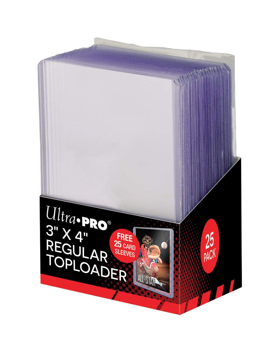 A 25-pack of Ultra Pro 3x4 toploaders for trading cards.