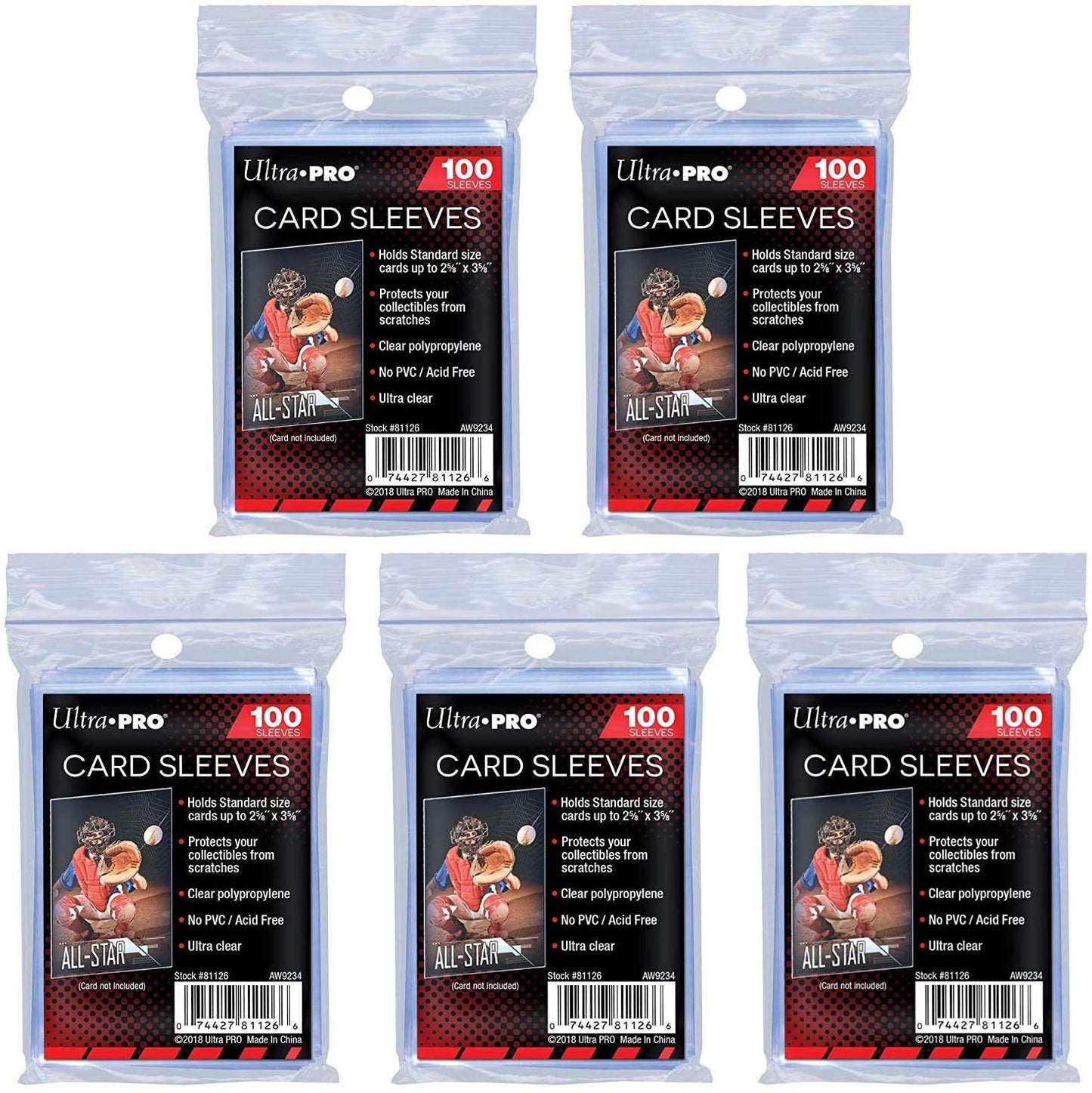A lot of 5 packs of Ultra Pro penny sleeves for sports cards.