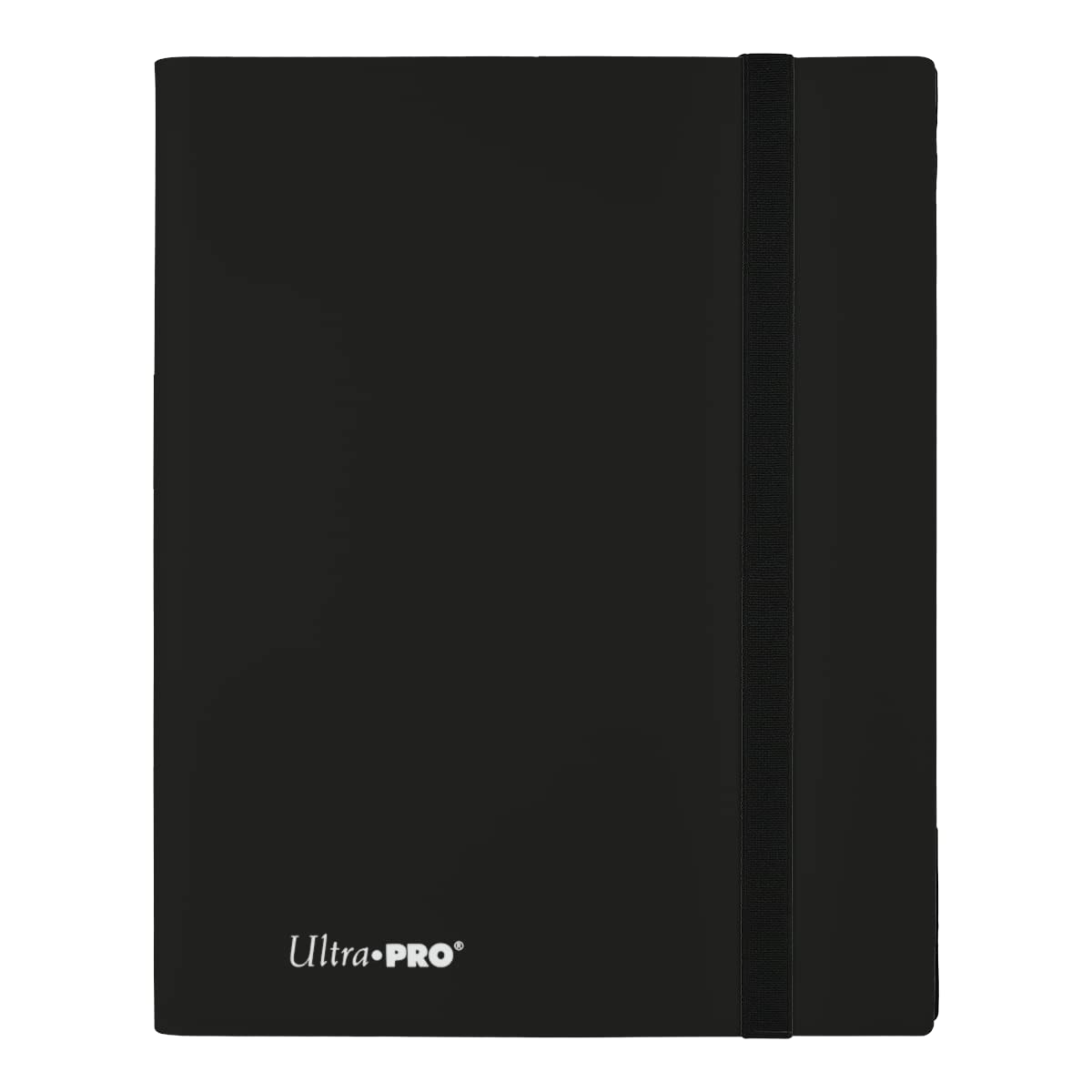 The front of the jet black Ultra Pro Eclipse 9-Pocket PRO-Binder with elastic strap.