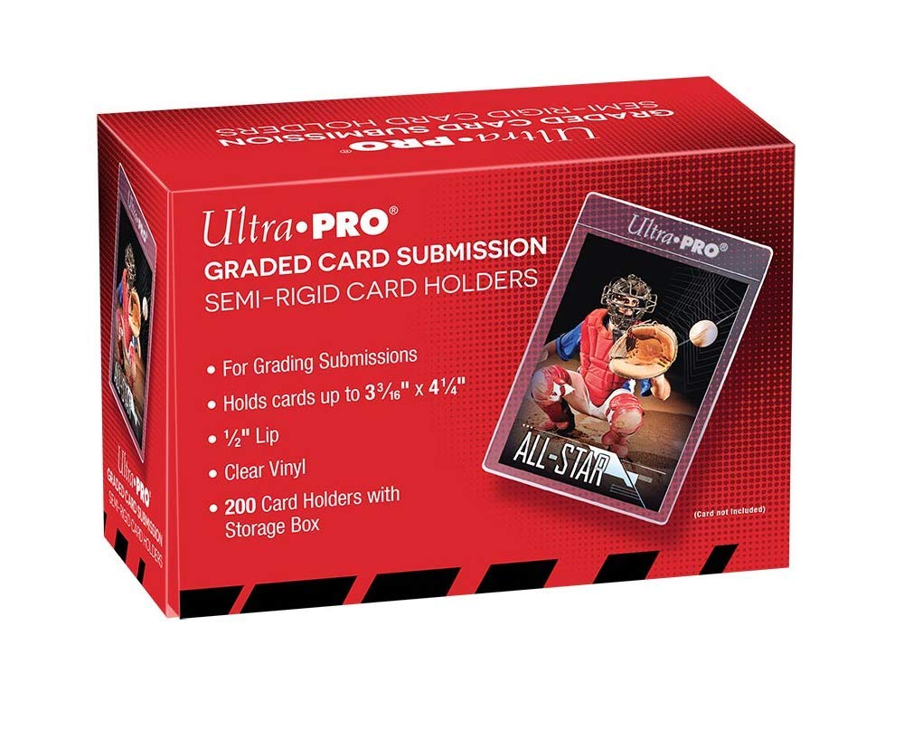 A box of 200 Ultra Pro semi-rigid holders for card grading submissions.