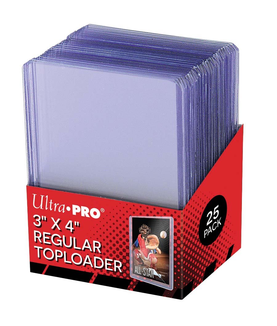 A 25-pack of Ultra Pro 3x4 toploaders for sports cards.