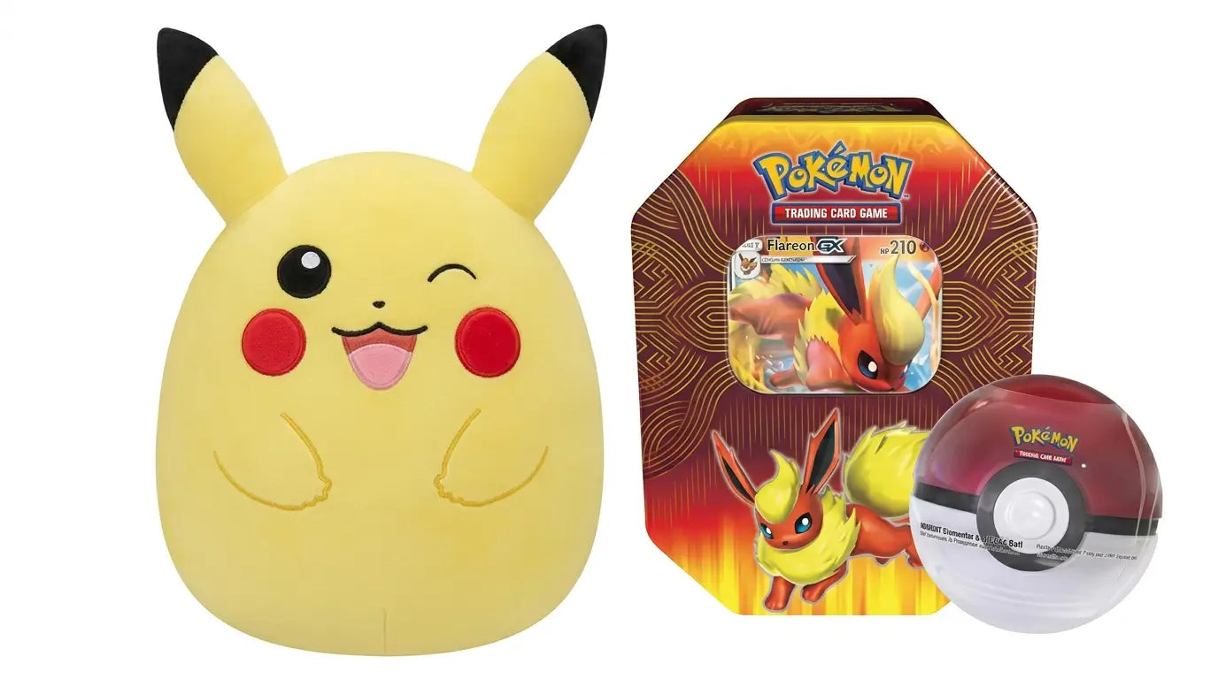 Flareon-GX Elemental Power tin with Poké Ball tin and Squishmallows 10-inch winking Pikachu plush bundle available at FineToys.ca