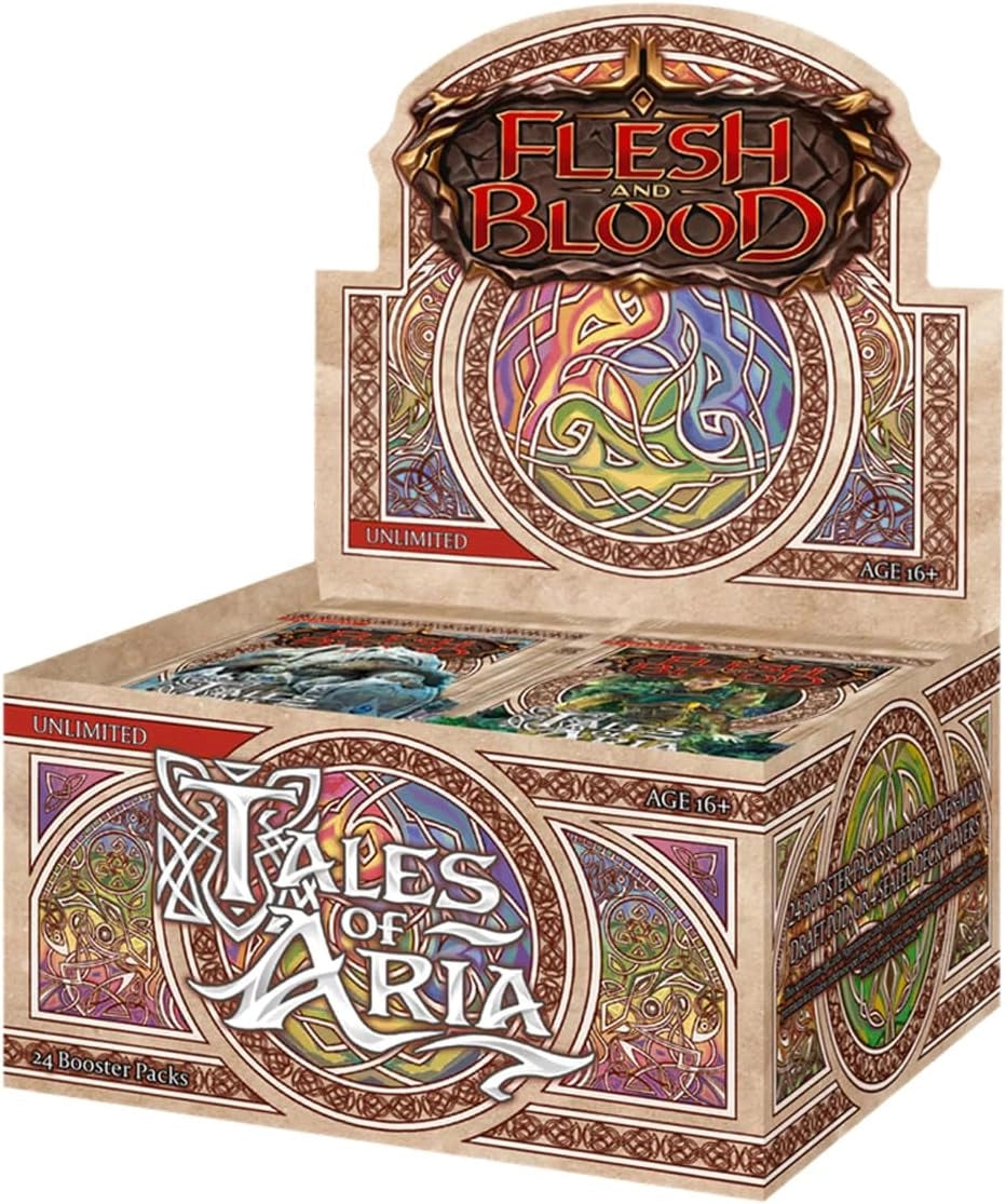 Flesh and Blood Tales of Aria 1st Edition booster box containing 24 packs with cold foil cards