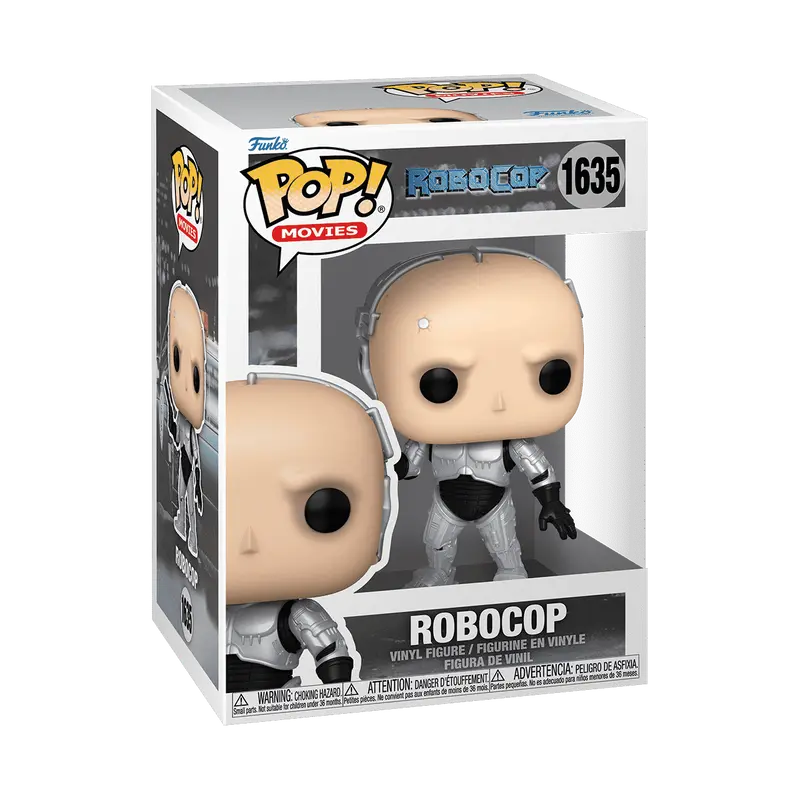 Funko Pop! Movies number 1635 RoboCop unmasked, showing Alex Murphy's face, cybernetic armor, and his signature Auto-9 pistol.