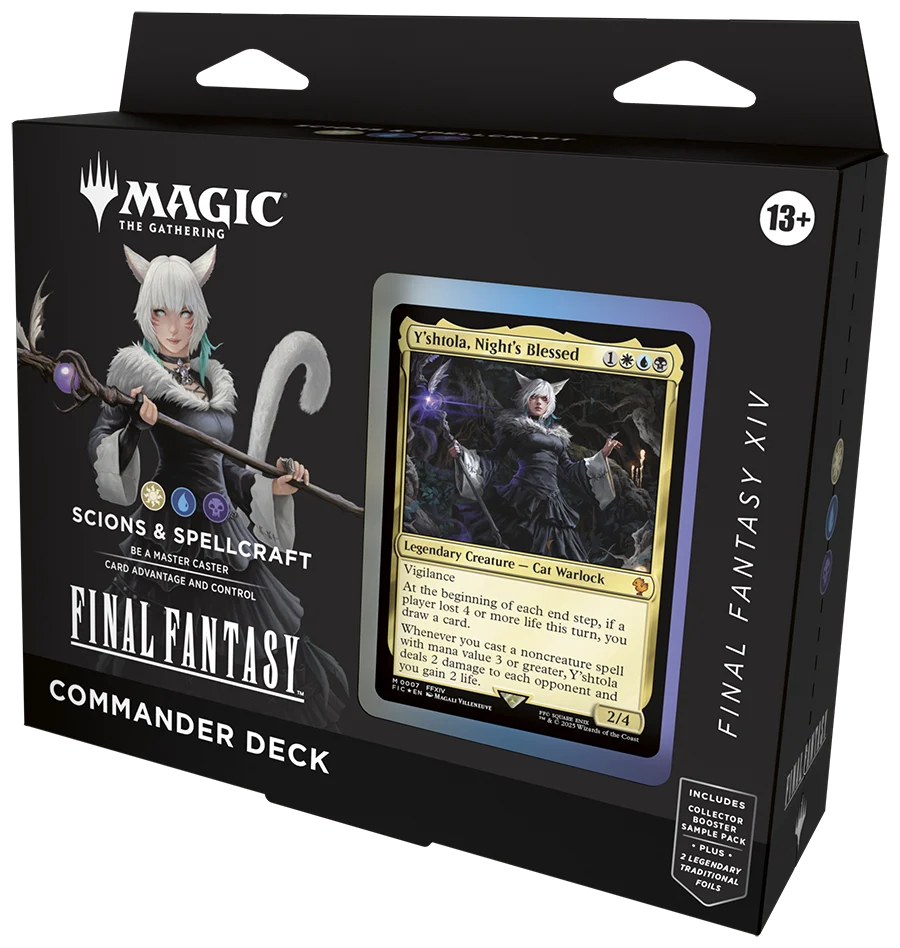 Packaging for the Magic: The Gathering Final Fantasy Scions and Spellcraft Commander Deck, featuring Final Fantasy XIV characters and themed artwork.