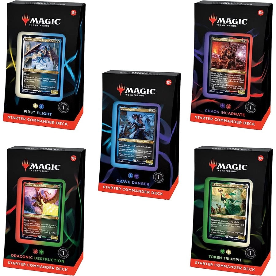 Magic The Gathering Starter Commander Deck Bundle with all five English decks First Flight Grave Danger Chaos Incarnate Draconic Destruction and Token Triumph