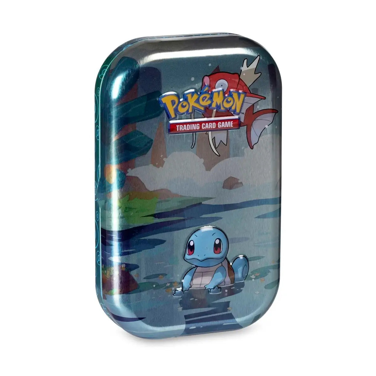 Official Pokémon TCG Kanto Friends Mini Tin featuring squirtle artwork, including booster packs and metallic coin.