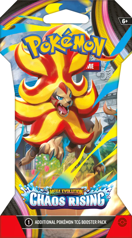 Front view of a Pokémon TCG Mega Evolution Chaos Rising Sleeved Booster Pack in official cardboard packaging.