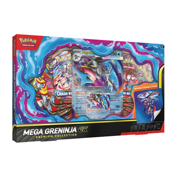Pokémon TCG Mega Greninja ex Premium Collection factory sealed featuring 8 booster packs, foil promo, and oversize lenticular display card.
