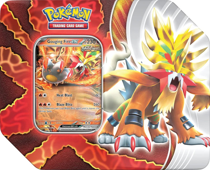 Pokémon TCG Paradox Destinies Tin featuring Gouging Fire ex Ancient Paradox promo card