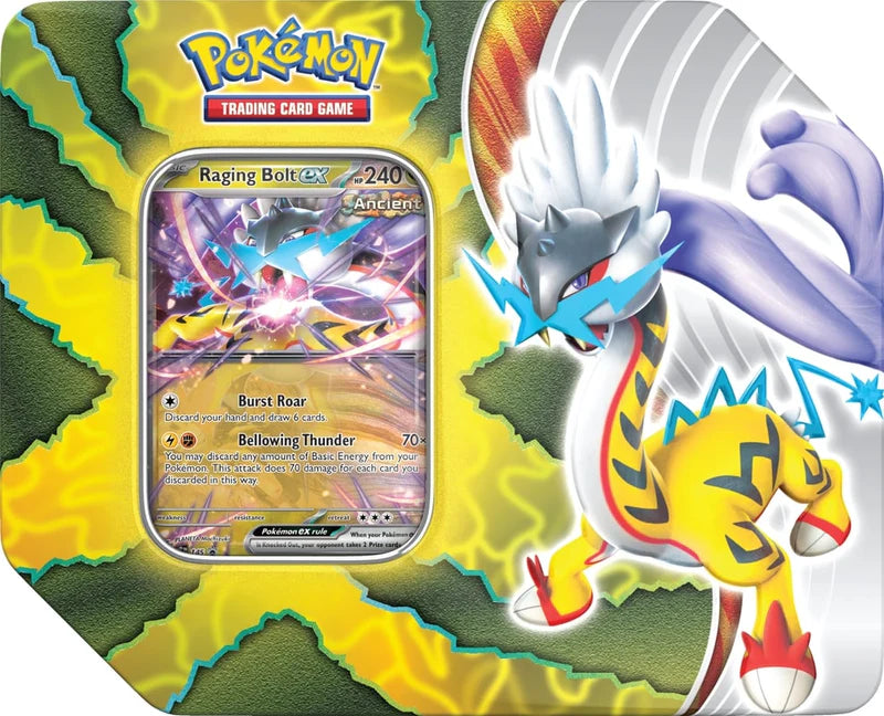 Pokémon TCG Paradox Destinies Tin featuring Raging Bolt ex Ancient Paradox promo card