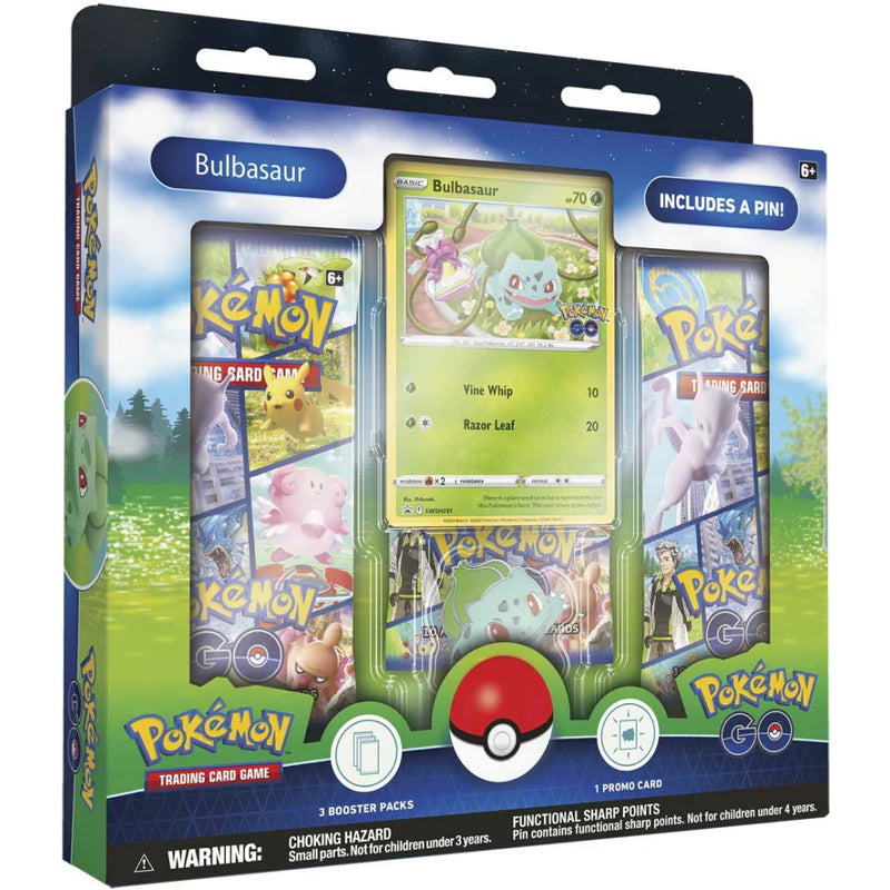 Pokémon TCG Pokémon GO Pin Collection Bulbasaur factory sealed box featuring enamel pin, promo card, and 3 booster packs — available at FineToys.ca.
