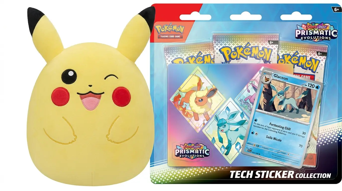 Prismatic Evolutions Tech Sticker Collection featuring Glaceon with Squishmallows 10-inch winking Pikachu plush bundle from FineToys.ca