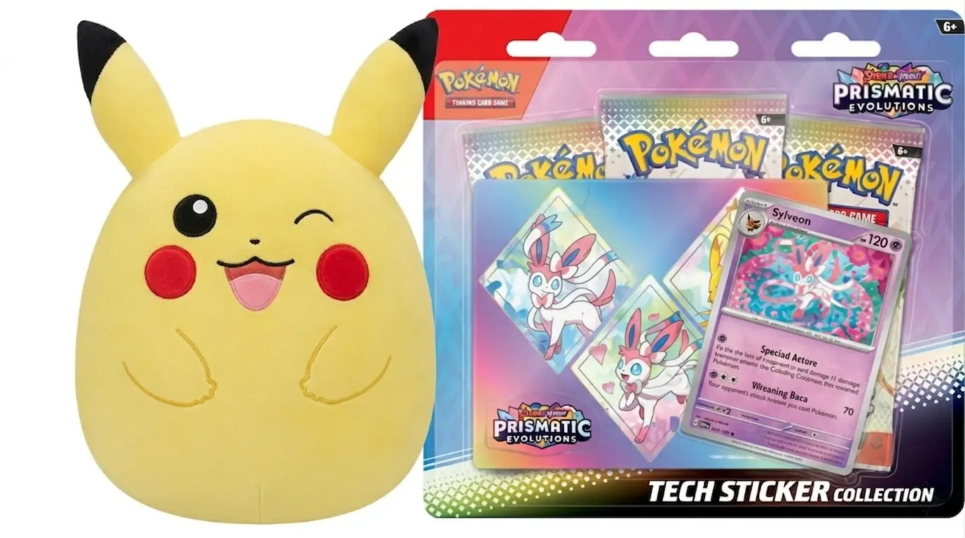 Prismatic Evolutions Tech Sticker Collection featuring Sylveon with Squishmallows 10-inch winking Pikachu plush bundle from FineToys.ca