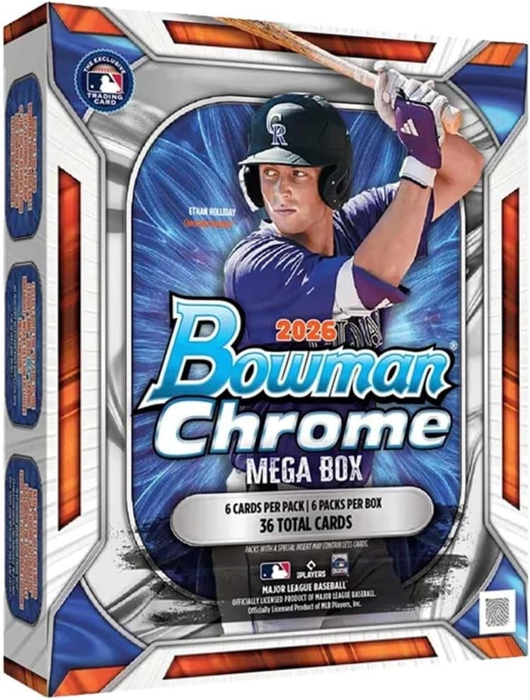 2026 Topps Bowman Chrome Baseball Mega Box with 6 packs, 36 cards and exclusive Mega Chrome inserts