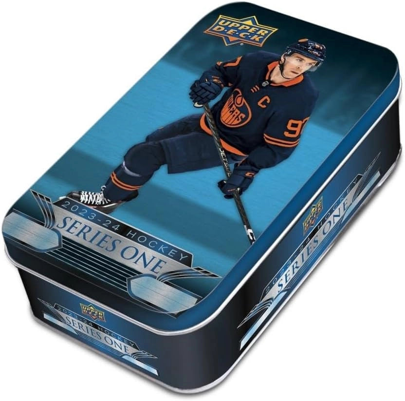 Upper Deck 2023-24 Series 1 Hockey Collector's Tin featuring NHL trading cards and Young Guns rookies