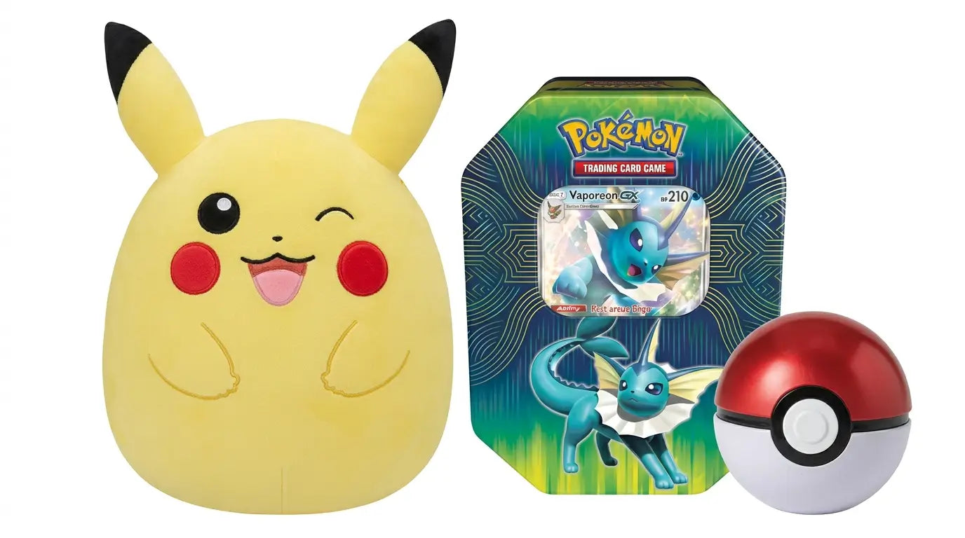 Vaporeon-GX Elemental Power tin with Poké Ball tin 2-pack and Squishmallows 10-inch winking Pikachu plush bundle from FineToys.ca