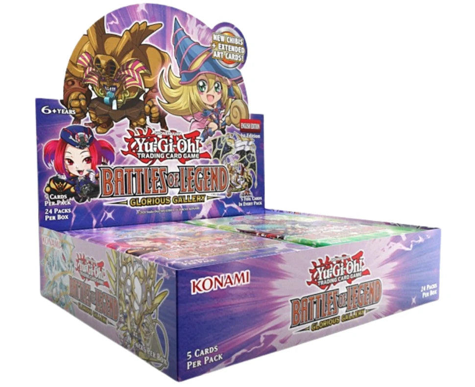 Yu-Gi-Oh! TCG Battles of Legend Glorious Gallery 2026 sealed booster pack featuring chibi Dark Magician Girl and extended art cards