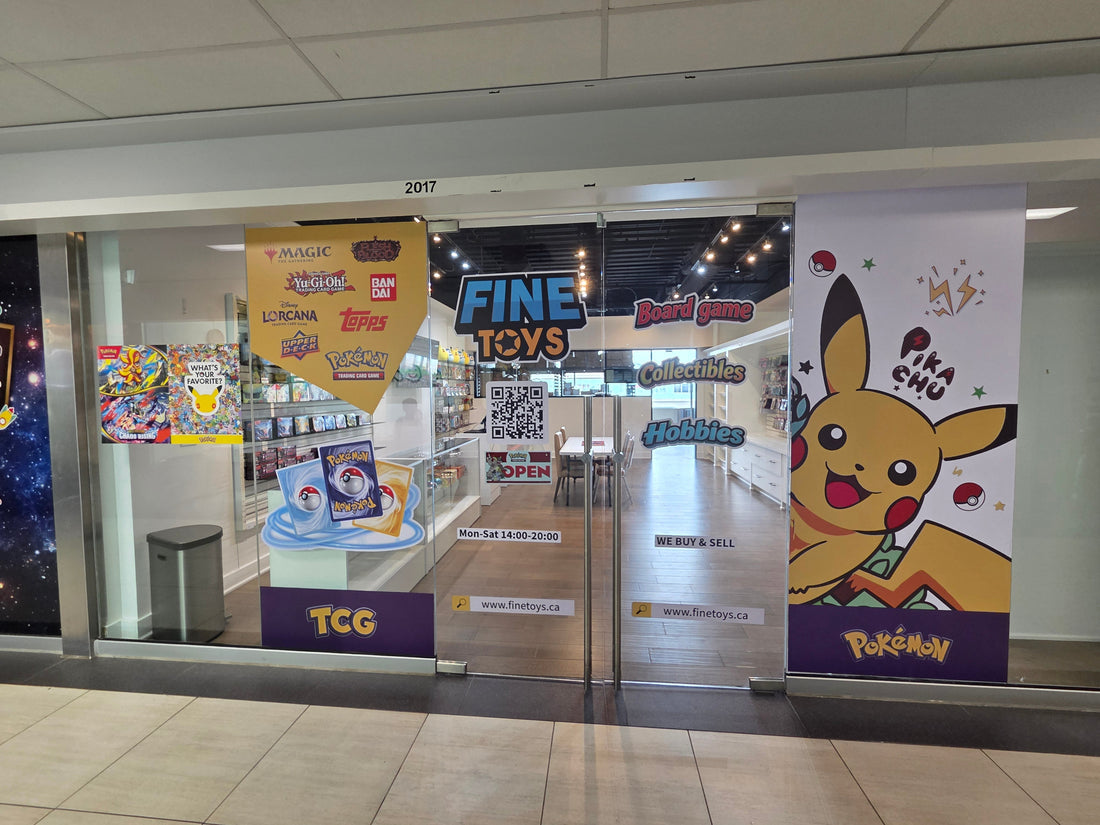 Inside the Fine Toys retail store with trading card displays and collector products