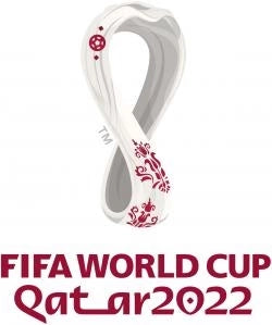 FIFA World Cup Qatar 2022 emblem logo with a white abstract ribbon design decorated with red floral motifs, above the text 'FIFA WORLD CUP Qatar 2022' in red on a white background.