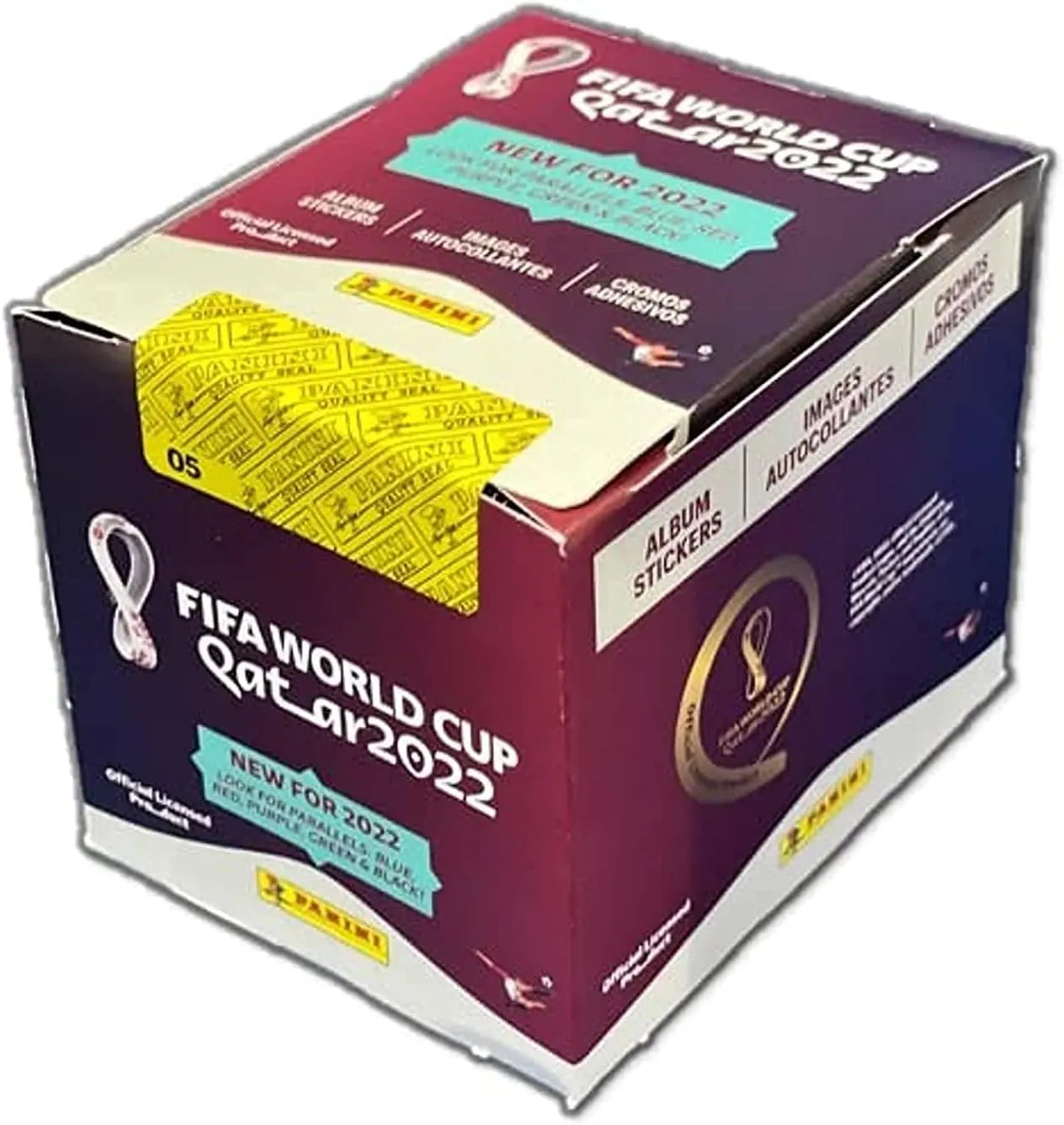 Sealed box of the official 2022 Panini FIFA World Cup Qatar sticker collection containing 50 packs with 5 stickers each, featuring all 32 participating nations

