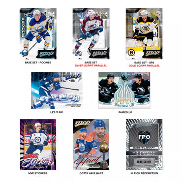 Exclusive Gold Script Parallel Bonus Pack and Gold Script cards from the 2026-27 Upper Deck MVP Hockey Blaster Box
