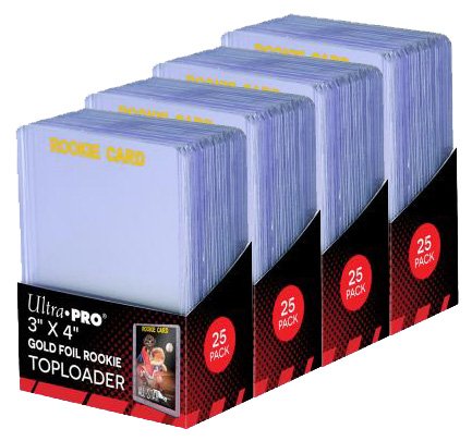 A lot of four 25-count packs of Ultra Pro toploaders with gold "Rookie Card" foil.