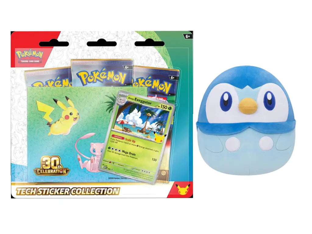 Pokémon 30th Celebration Alolan Exeggutor Tech Sticker Collection with Piplup Squishmallows plush bundle