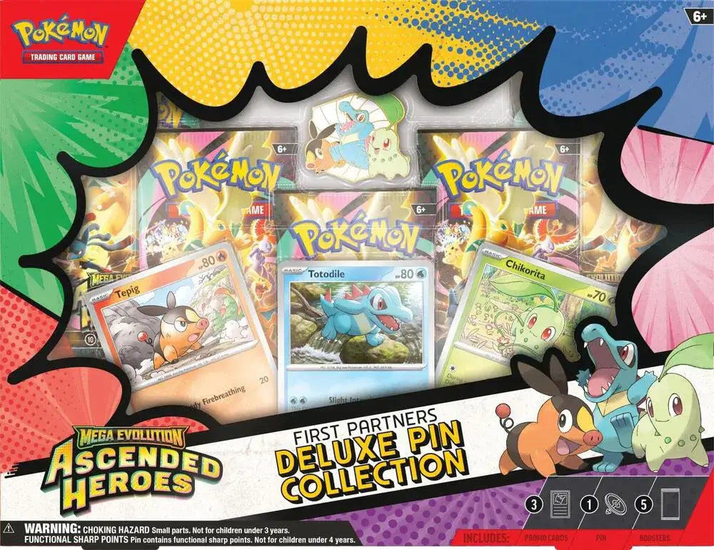 Main Image: Sealed Pokémon TCG Mega Evolution—Ascended Heroes First Partners Deluxe Pin Collection featuring 5 booster packs.
Pin Detail: Close-up of the deluxe glossy enamel pin featuring Chikorita, Tepig, and Totodile.
Promo Detail: The three foil promo cards (Chikorita, Tepig, and Totodile) included in the Ascended Heroes Pin Collection.