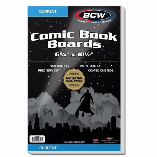 A 100-pack of BCW Current Comic Book Backing Boards.