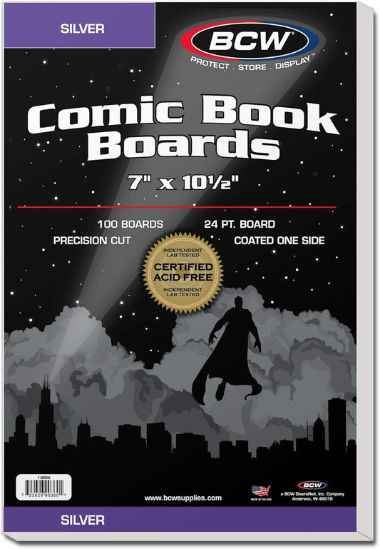 A 100-pack of BCW Silver Comic Book Backing Boards.