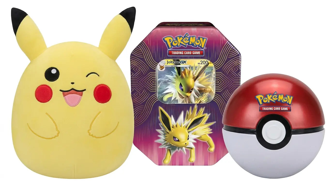 Jolteon-GX Elemental Power tin with Poké Ball tin and Squishmallows 10-inch winking Pikachu plush bundle available at FineToys.ca