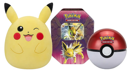 Jolteon-GX Elemental Power tin with Poké Ball tin and Squishmallows 10-inch winking Pikachu plush bundle available at FineToys.ca