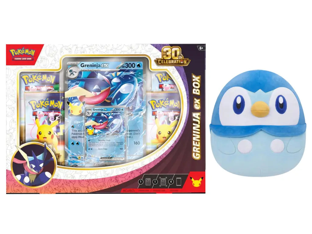 Pokémon TCG 30th Celebration Greninja ex Collection with  Piplup Squishmallows plush bundle