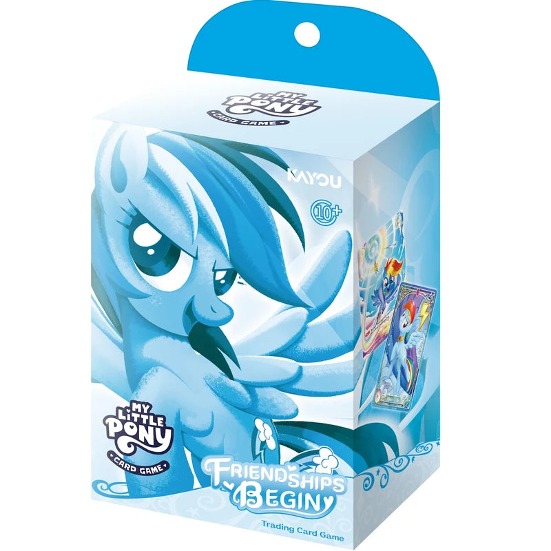Action-oriented holographic Rainbow Dash trading cards from the Kayou MLP set.
Contents of the Rainbow Dash starter deck including 50 cards and official rulebook.