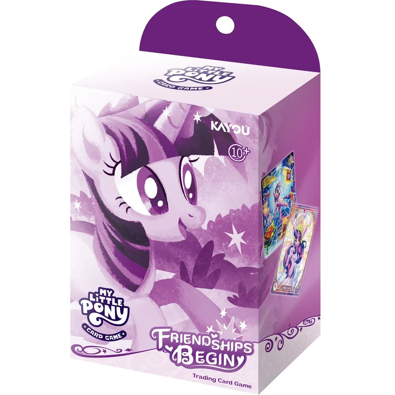 Close-up of holographic Twilight Sparkle cards from the Kayou MLP Friendships Begin set.
Front view of the factory-sealed Twilight Sparkle My Little Pony Starter Deck by Kayou.

