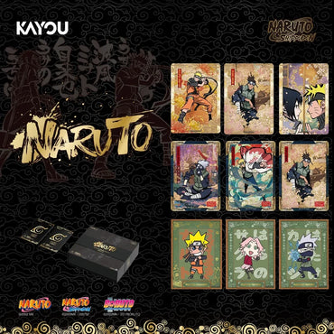 Naruto Trading Card Game starter box set by KAYOU, featuring a black box and three cards displayed on a dark patterned background with Naruto anime artwork and branding.
